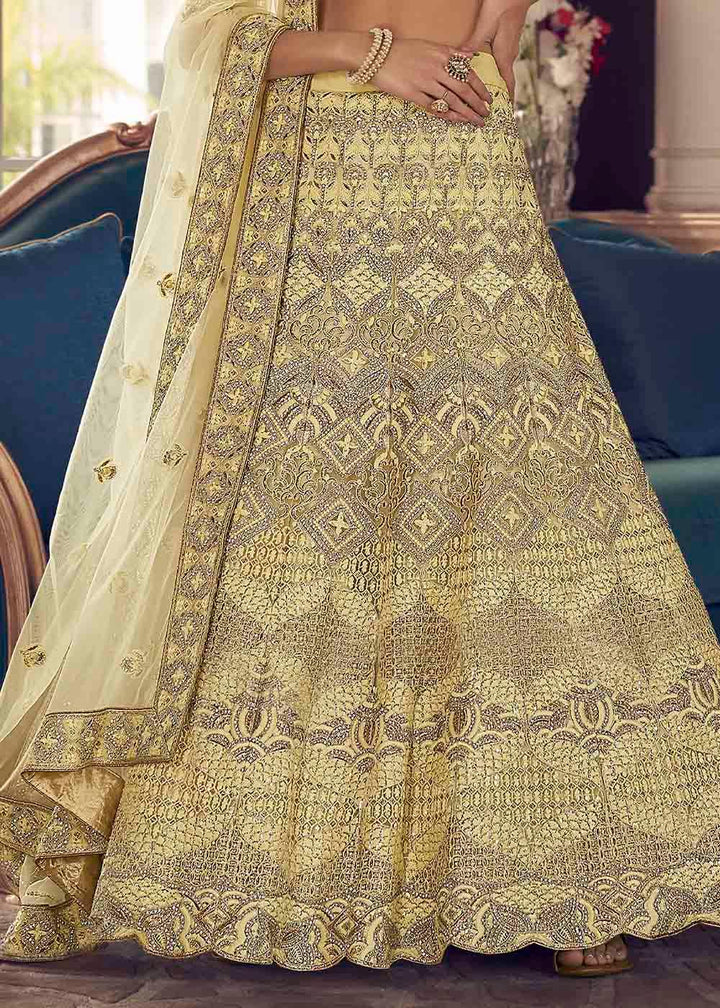 Pastel Yellow Crepe Lehenga Choli with Zarkan,Thread & Zari work - qivii