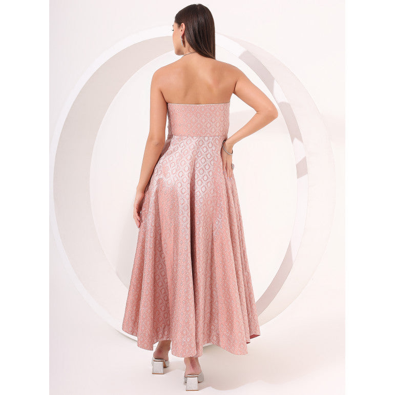 Peach Strapless Brocade Anarkali Gown - qivii