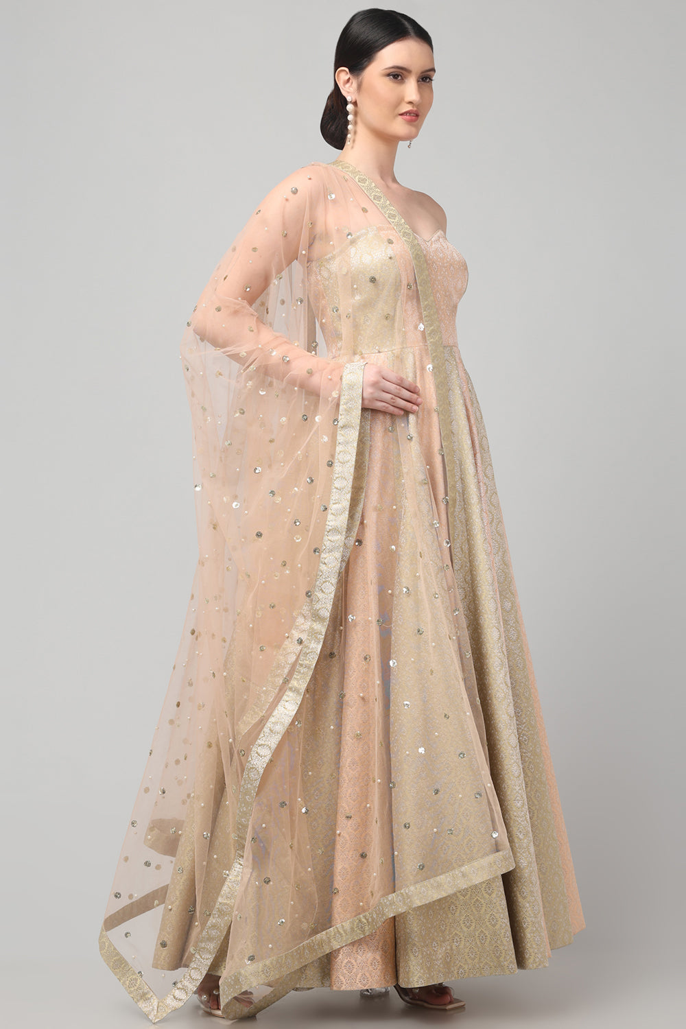 Two Tone Brocade Anarkali Gown with Dupatta