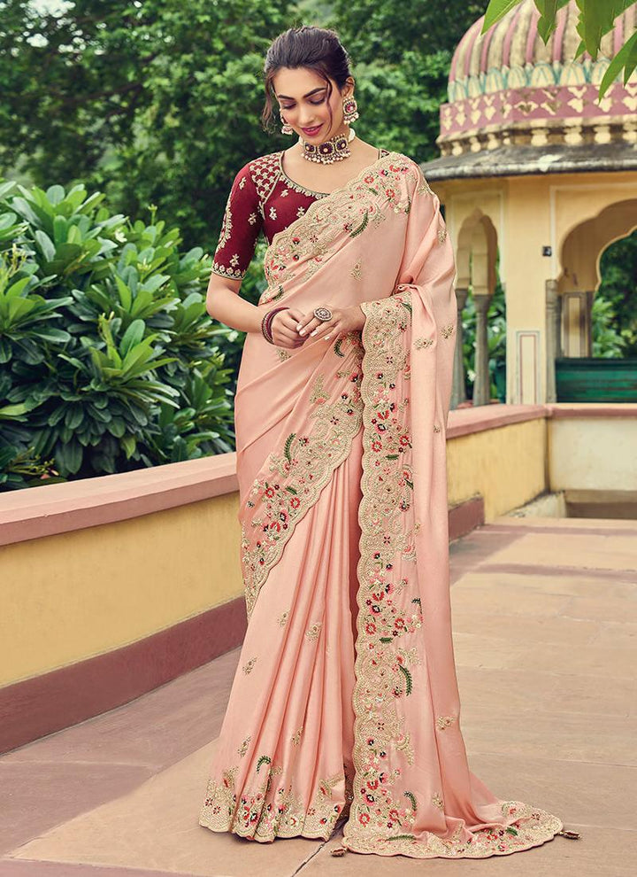 Peach Color Embroidered Organza Saree  - By Kreeva