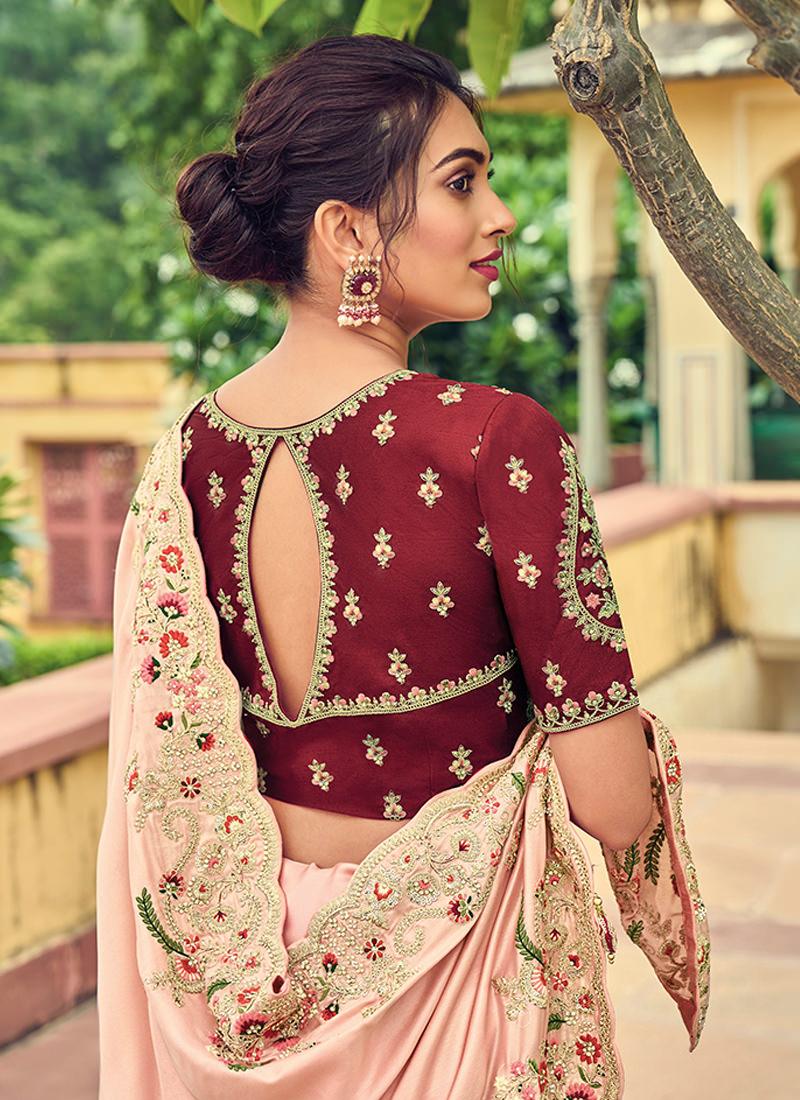 Peach Color Embroidered Organza Saree  - By Kreeva