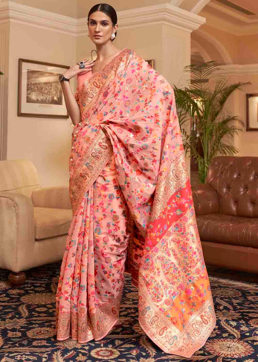 Peach Pink Banarasi Jamawar Woven Silk Saree | Stitched Blouse - qivii