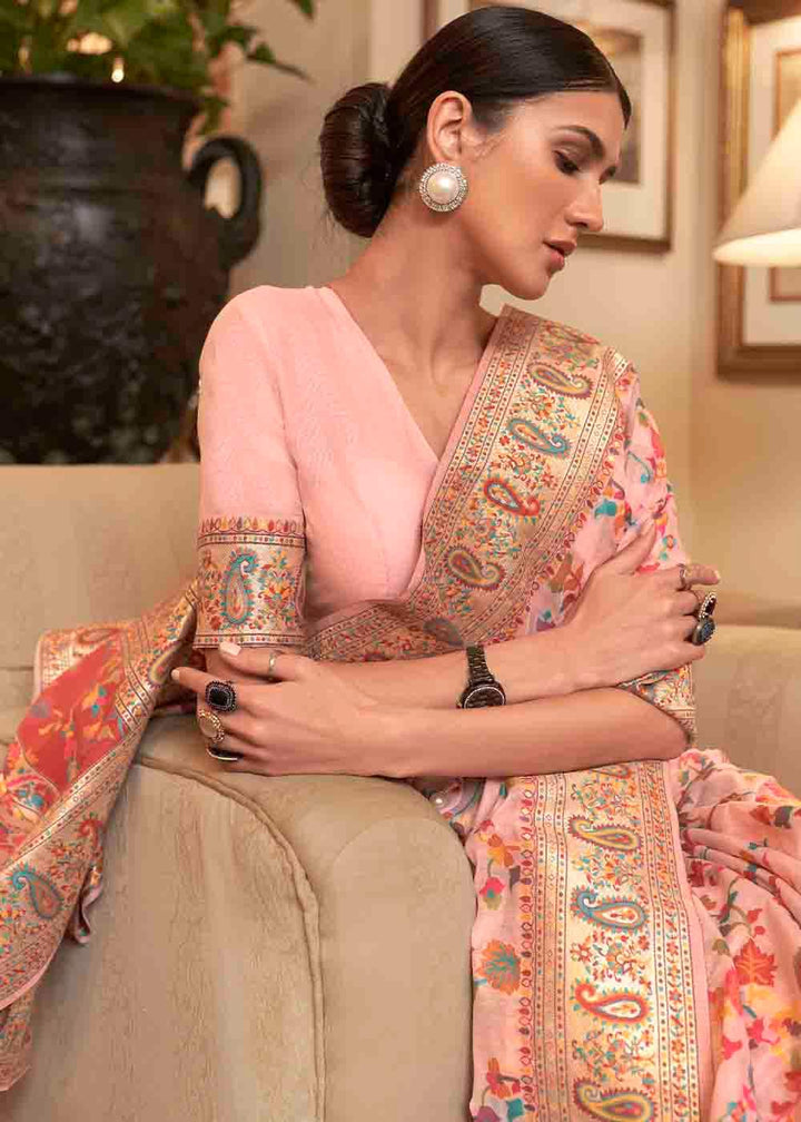 Peach Pink Banarasi Jamawar Woven Silk Saree | Stitched Blouse - qivii