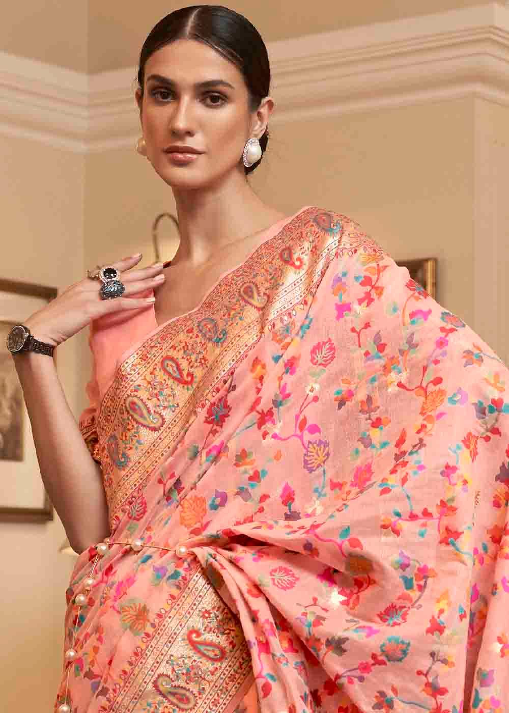 Peach Pink Banarasi Jamawar Woven Silk Saree | Stitched Blouse - qivii