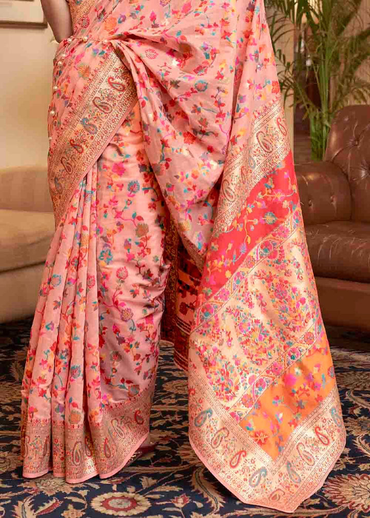 Peach Pink Banarasi Jamawar Woven Silk Saree | Stitched Blouse - qivii