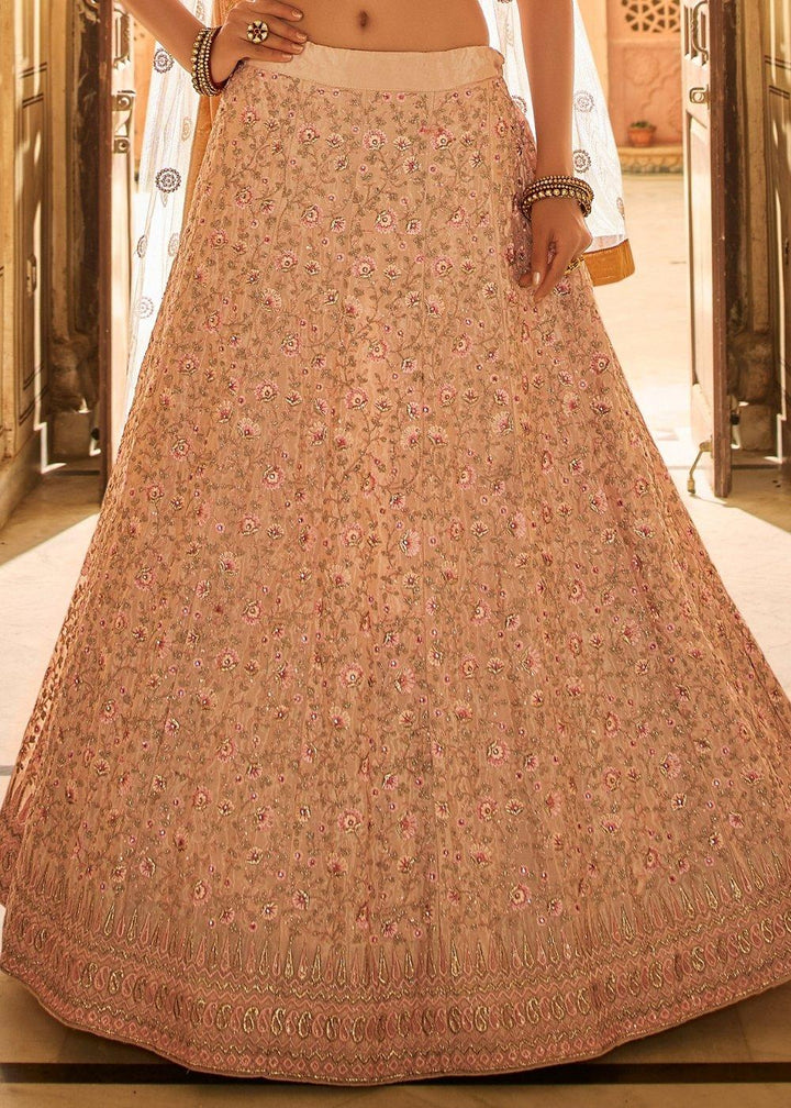 Peach Pink Crepe Lehenga Choli with Zari, Dori, Thread & Zarkan work - qivii