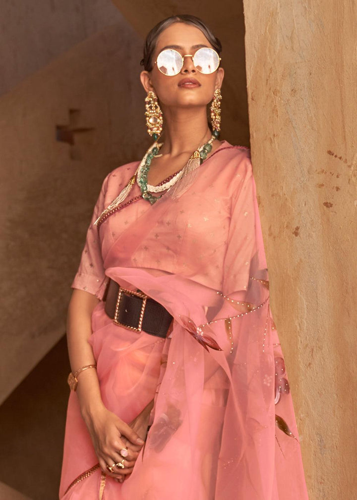 Peach Pink Digital Floral Print Organza Saree | Stitched Blouse - qivii