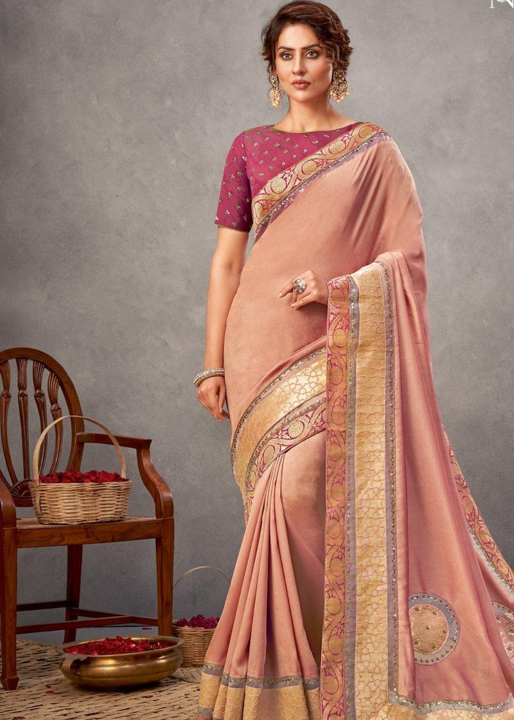 Peach Pink Dual Tone Georgette Silk Saree with Sequins & Zari Embroidery | Stitched Blouse - qivii