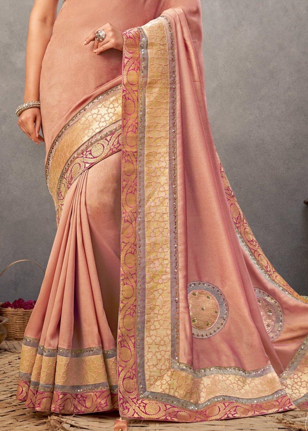 Peach Pink Dual Tone Georgette Silk Saree with Sequins & Zari Embroidery | Stitched Blouse - qivii