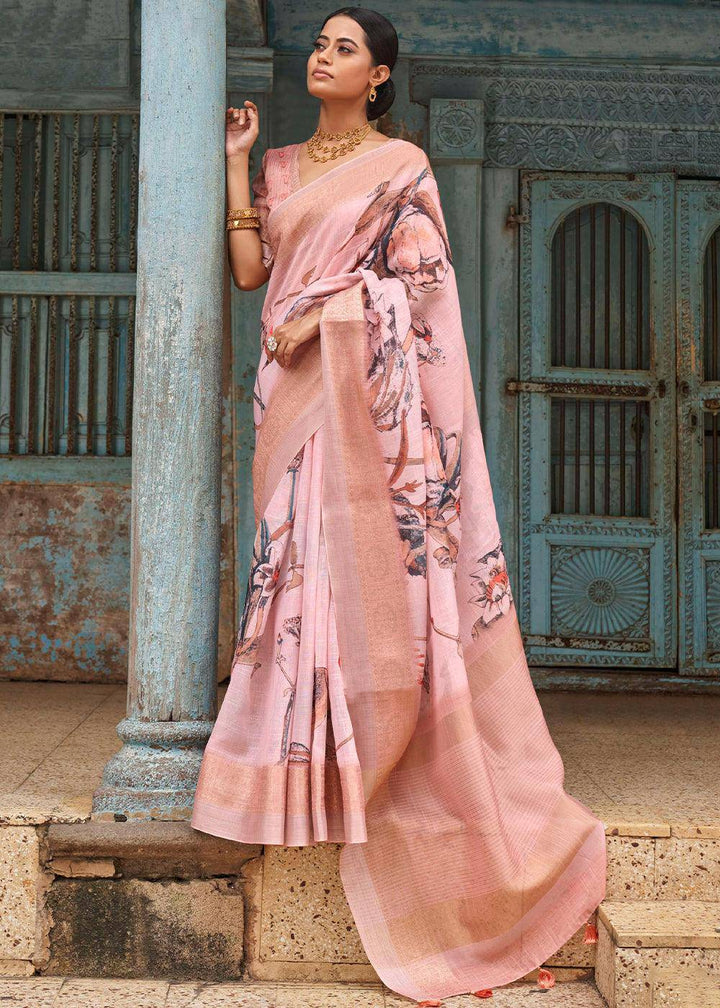 Peach Pink Floral Printed linen Saree with Zari Border | Stitched Blouse - qivii