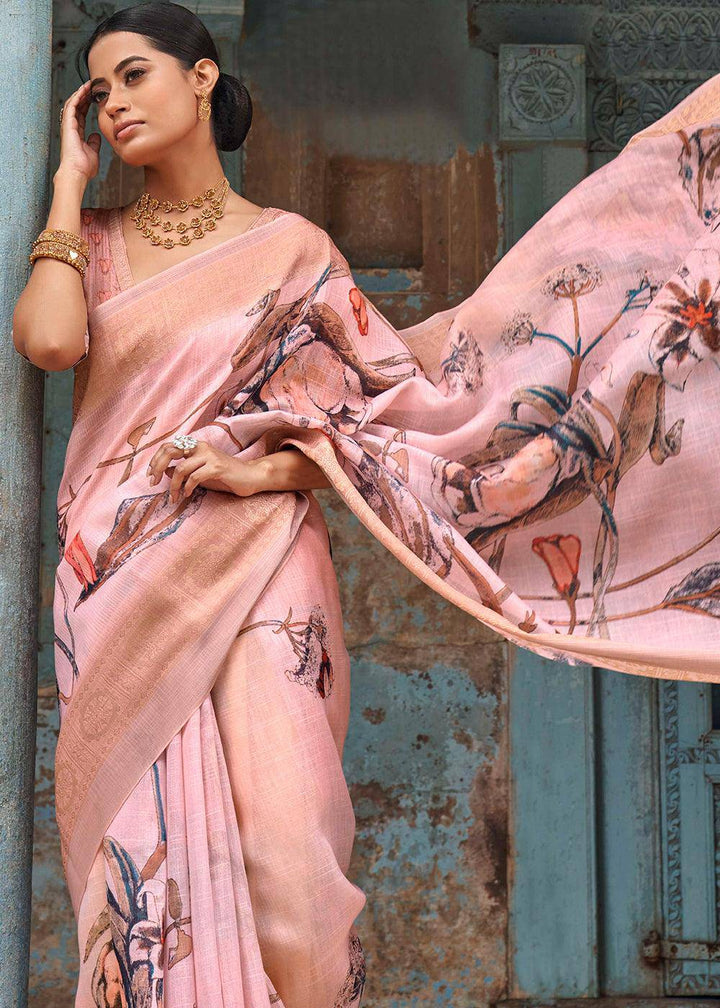 Peach Pink Floral Printed linen Saree with Zari Border | Stitched Blouse - qivii