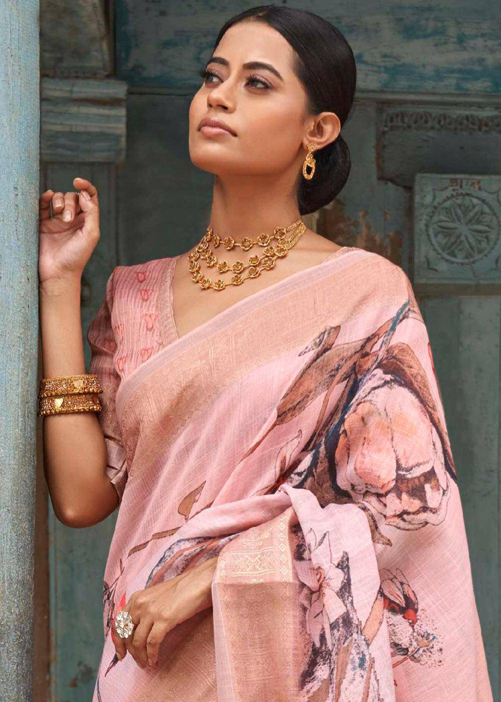 Peach Pink Floral Printed linen Saree with Zari Border | Stitched Blouse - qivii