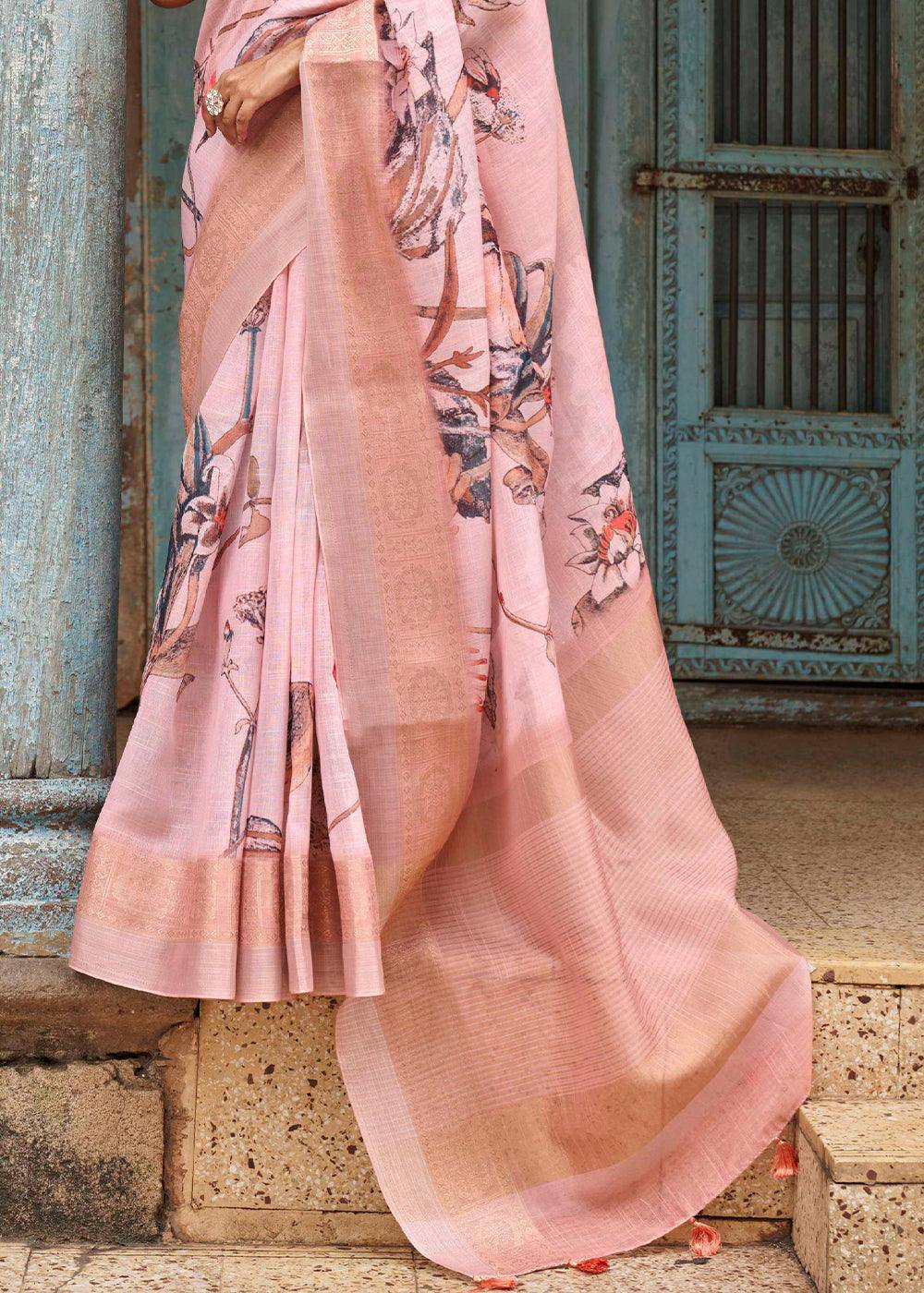 Peach Pink Floral Printed linen Saree with Zari Border | Stitched Blouse - qivii