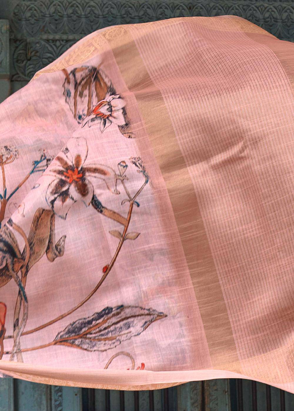 Peach Pink Floral Printed linen Saree with Zari Border | Stitched Blouse - qivii