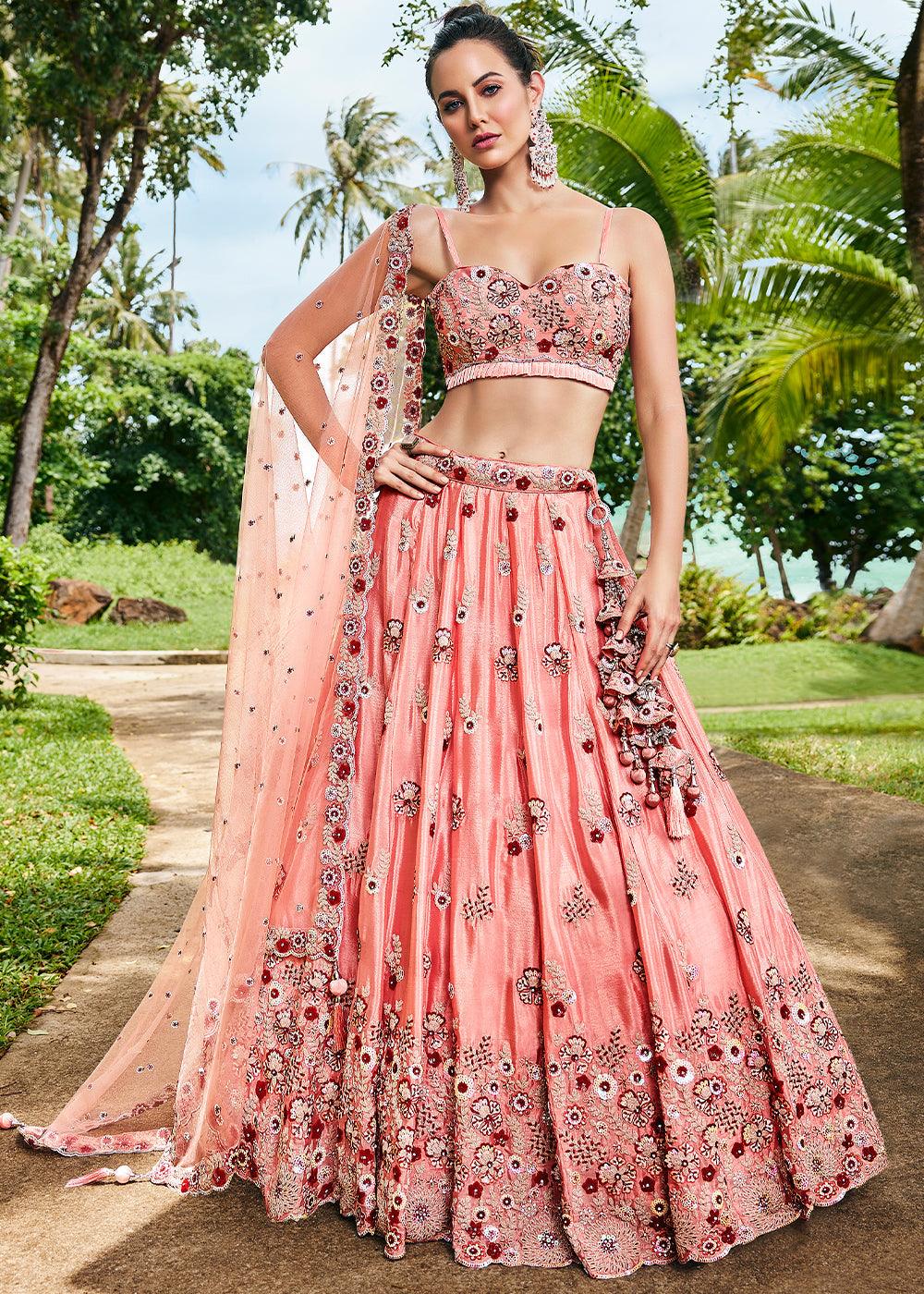 Peach Pink Georgette Lehenga Choli with Thread Embroidery, Zarkan & Sequins work - qivii