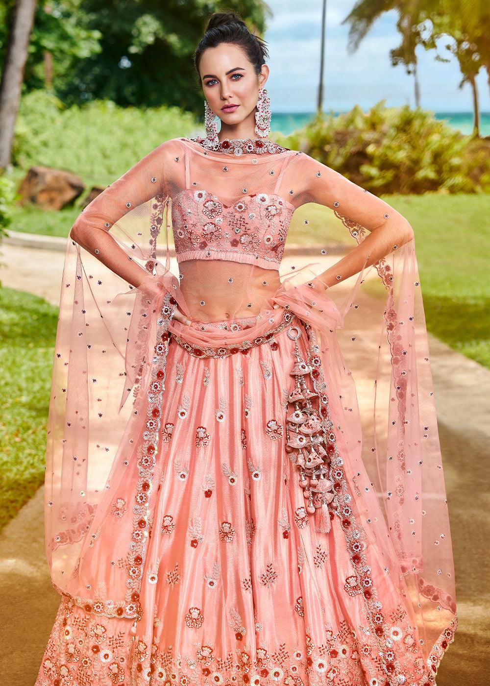 Peach Pink Georgette Lehenga Choli with Thread Embroidery, Zarkan & Sequins work - qivii