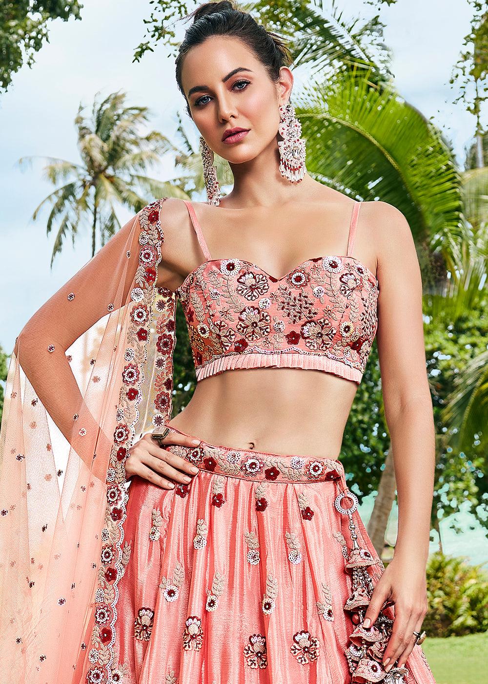 Peach Pink Georgette Lehenga Choli with Thread Embroidery, Zarkan & Sequins work - qivii