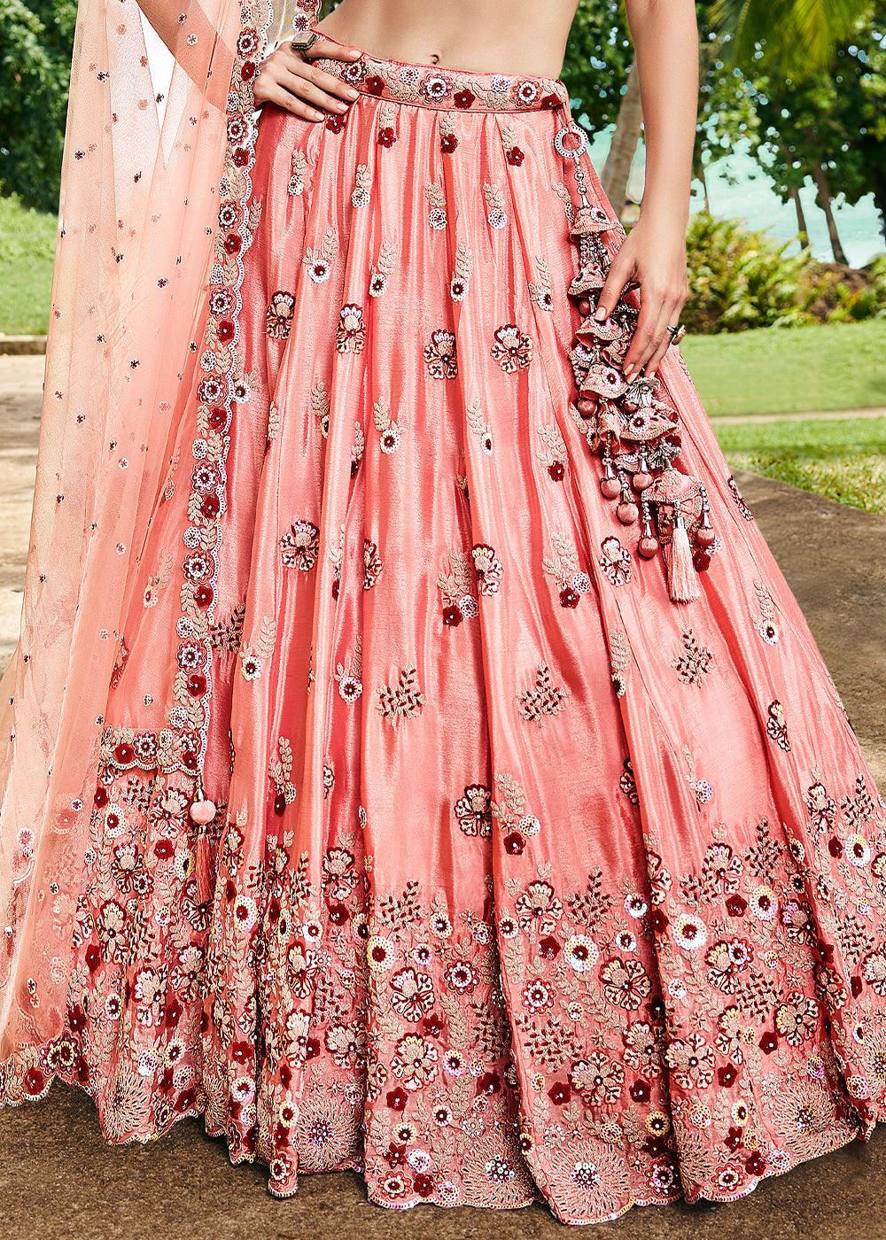 Peach Pink Georgette Lehenga Choli with Thread Embroidery, Zarkan & Sequins work - qivii