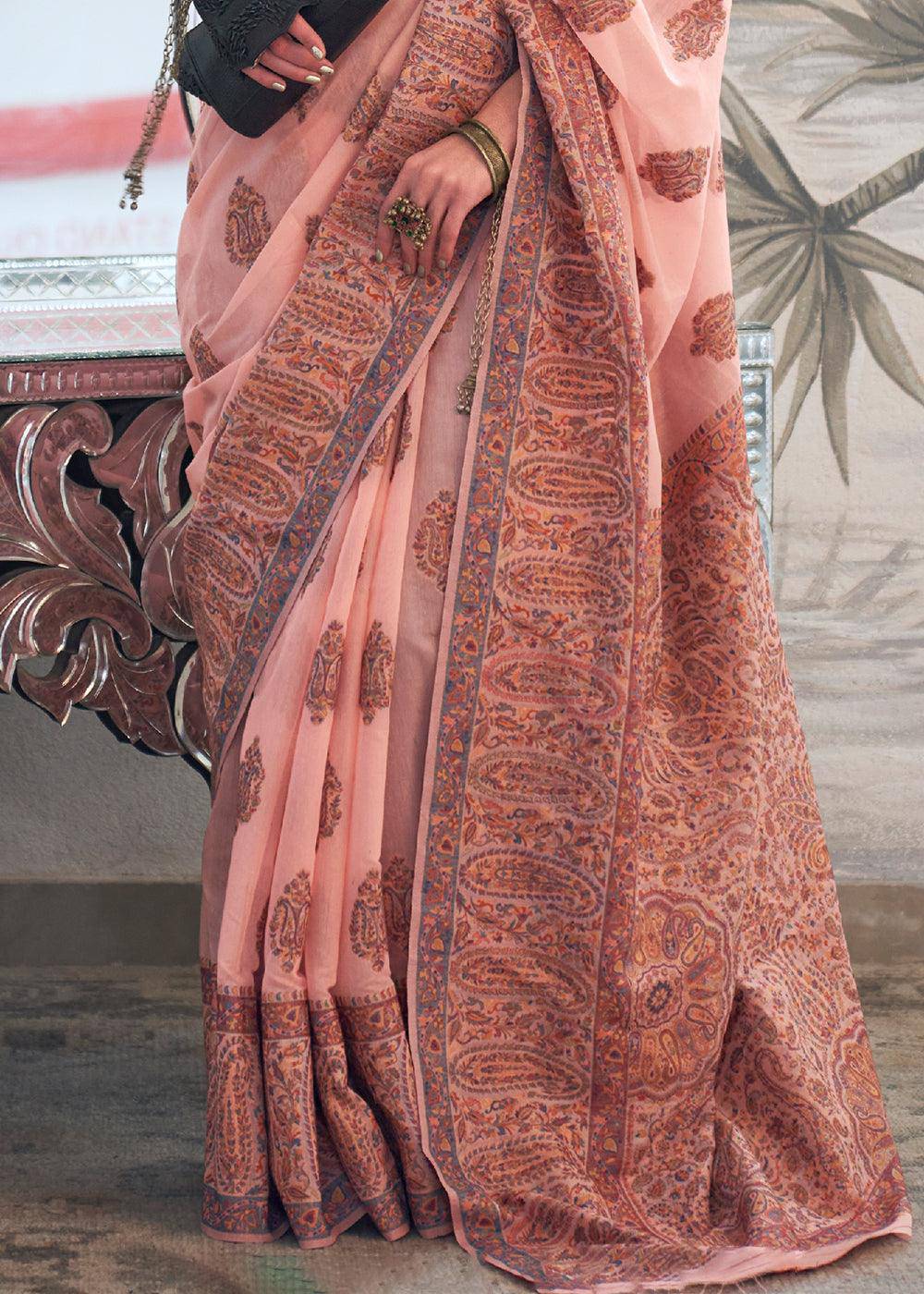 Peach Pink Kashmiri Handloom Weaving Silk Saree | Stitched Blouse - qivii