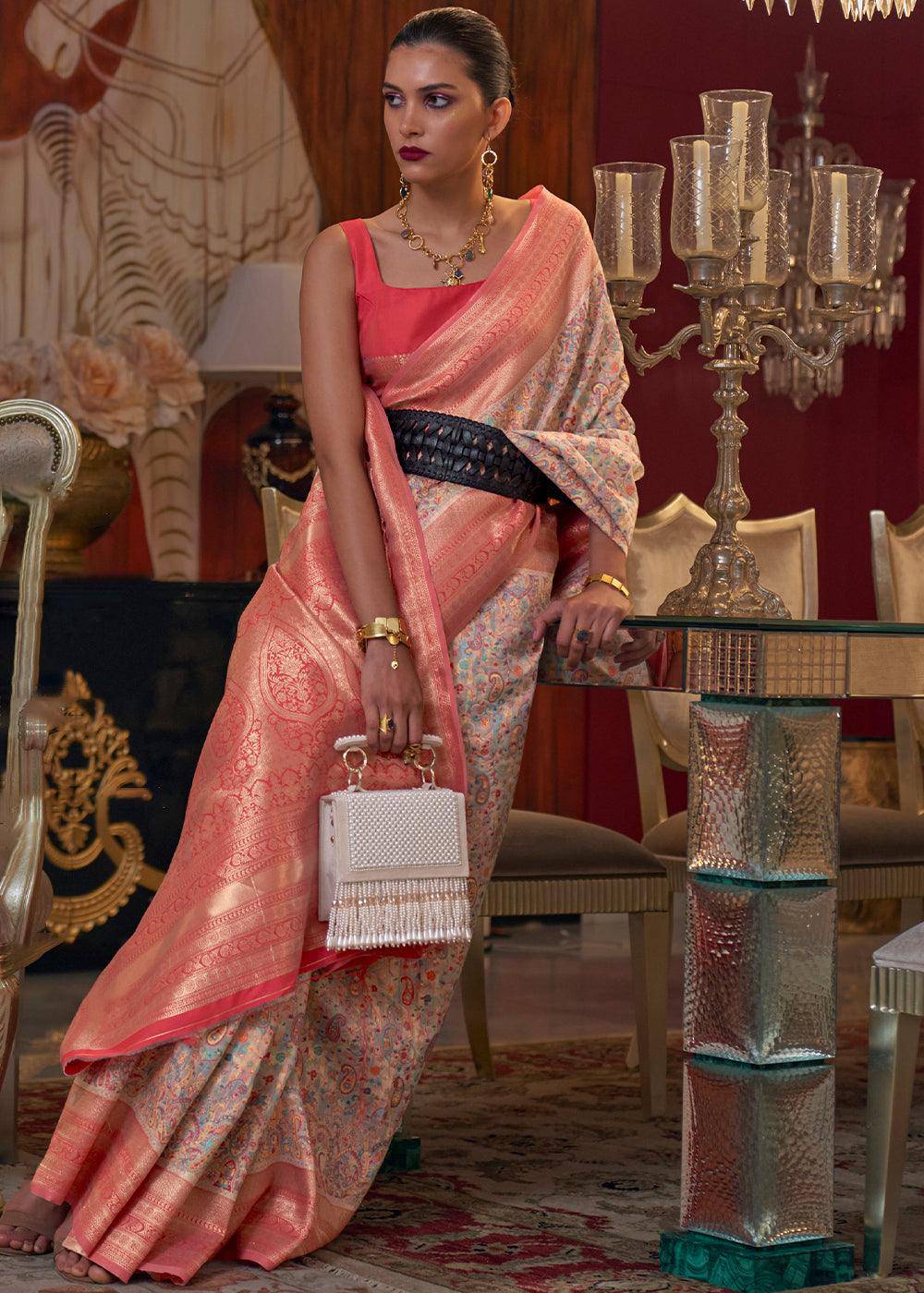 Peach Pink Kashmiri Jamawar Woven Silk Saree | Stitched Blouse - qivii