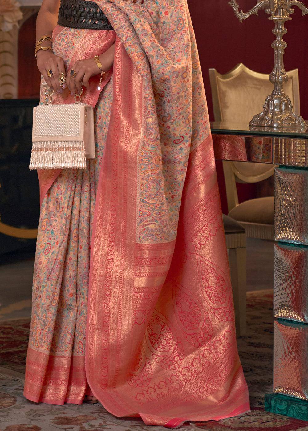 Peach Pink Kashmiri Jamawar Woven Silk Saree | Stitched Blouse - qivii