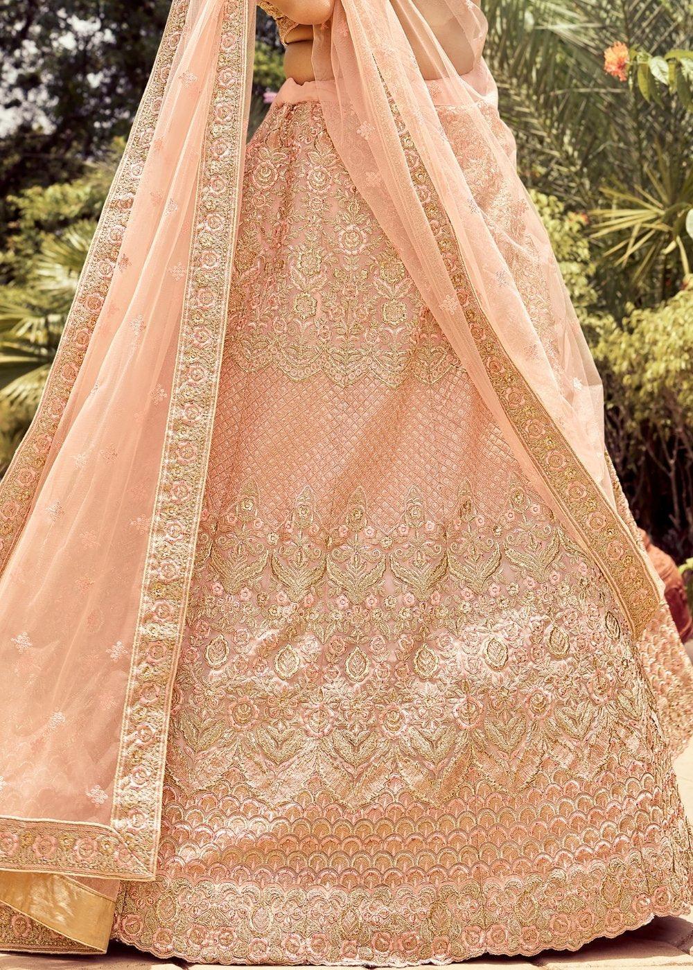 Peach Pink Organza Lehenga Choli with Resham, Dori & Zari work - qivii