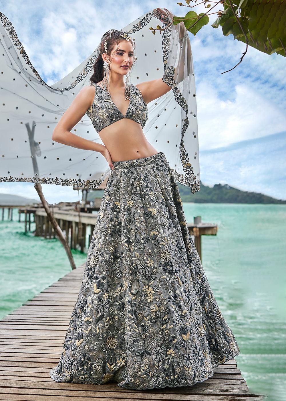 Peach Pink Organza Lehenga Choli with Thread Embroidery, Moti & Sequins work - qivii