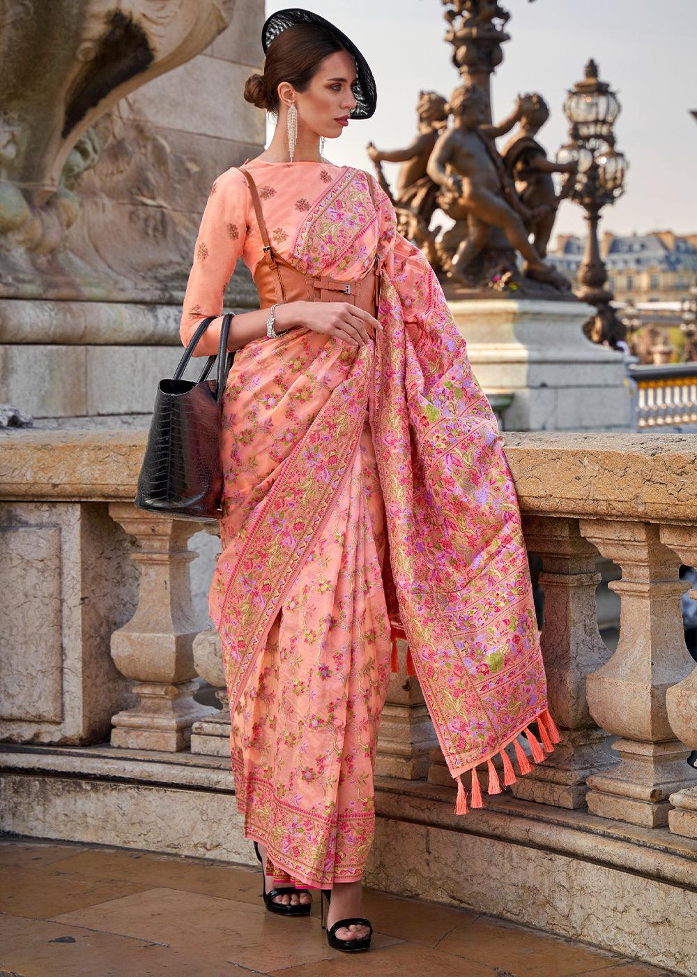 Peach Pink Parsi Handloom Woven Organza Silk Saree - qivii