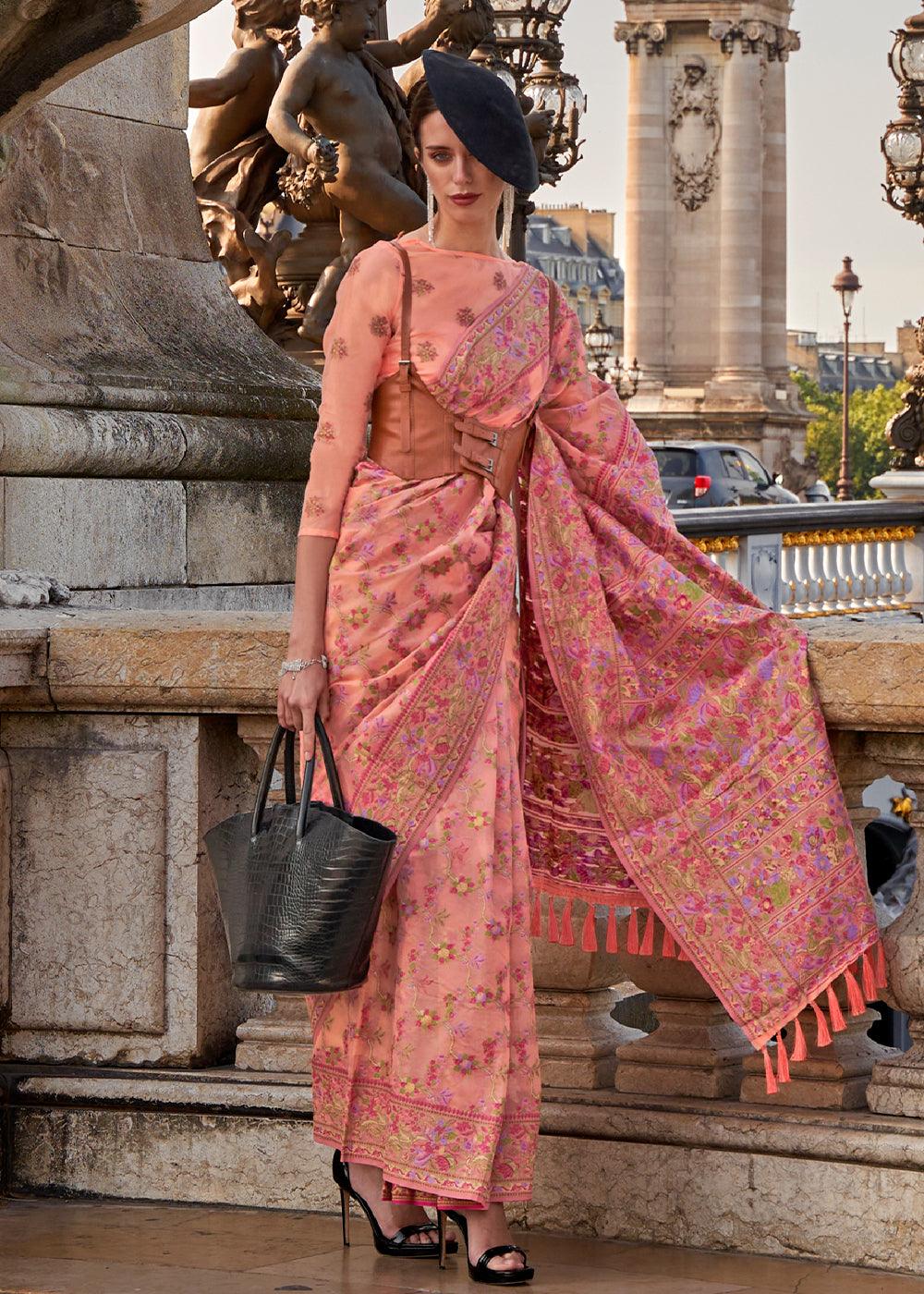 Peach Pink Parsi Handloom Woven Organza Silk Saree - qivii