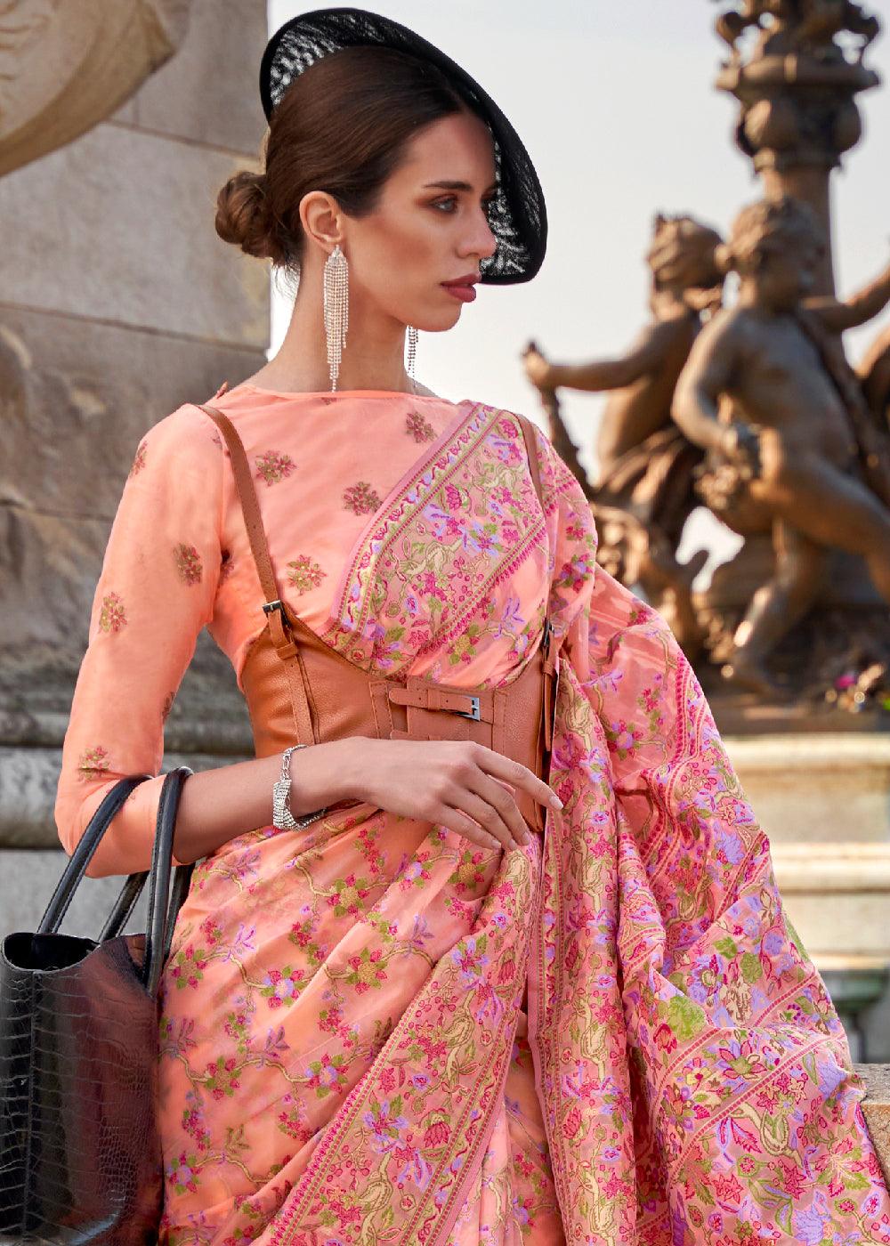 Peach Pink Parsi Handloom Woven Organza Silk Saree - qivii