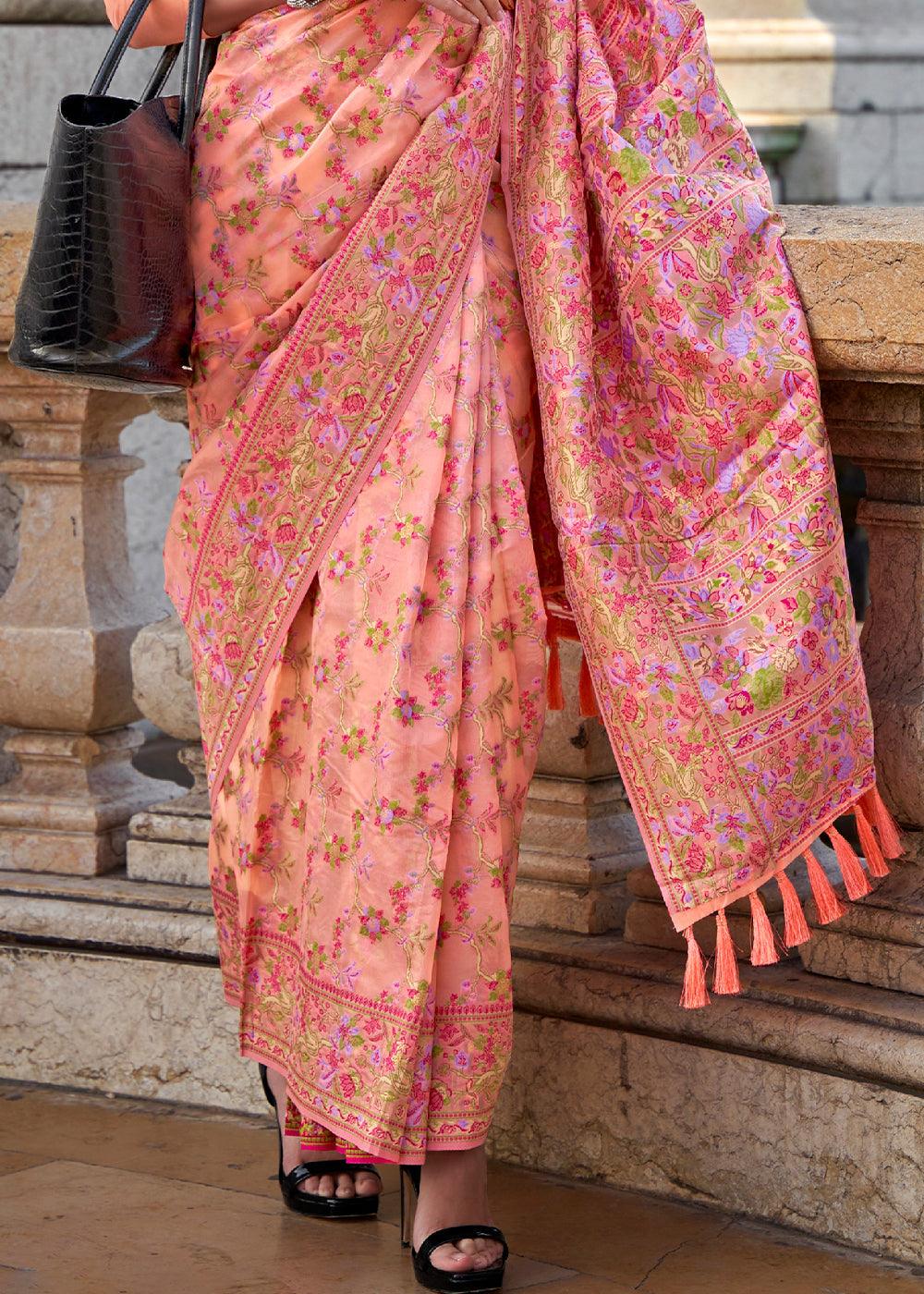 Peach Pink Parsi Handloom Woven Organza Silk Saree - qivii