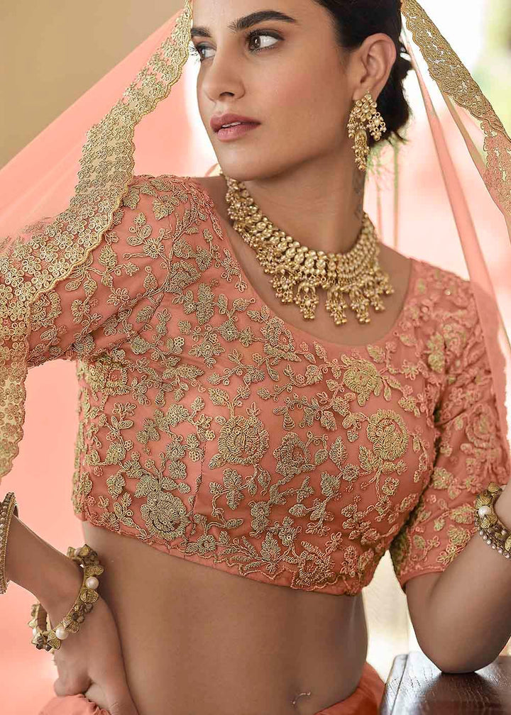 Peach Pink Soft Net Lehenga Choli with Dori & Sequins work - qivii