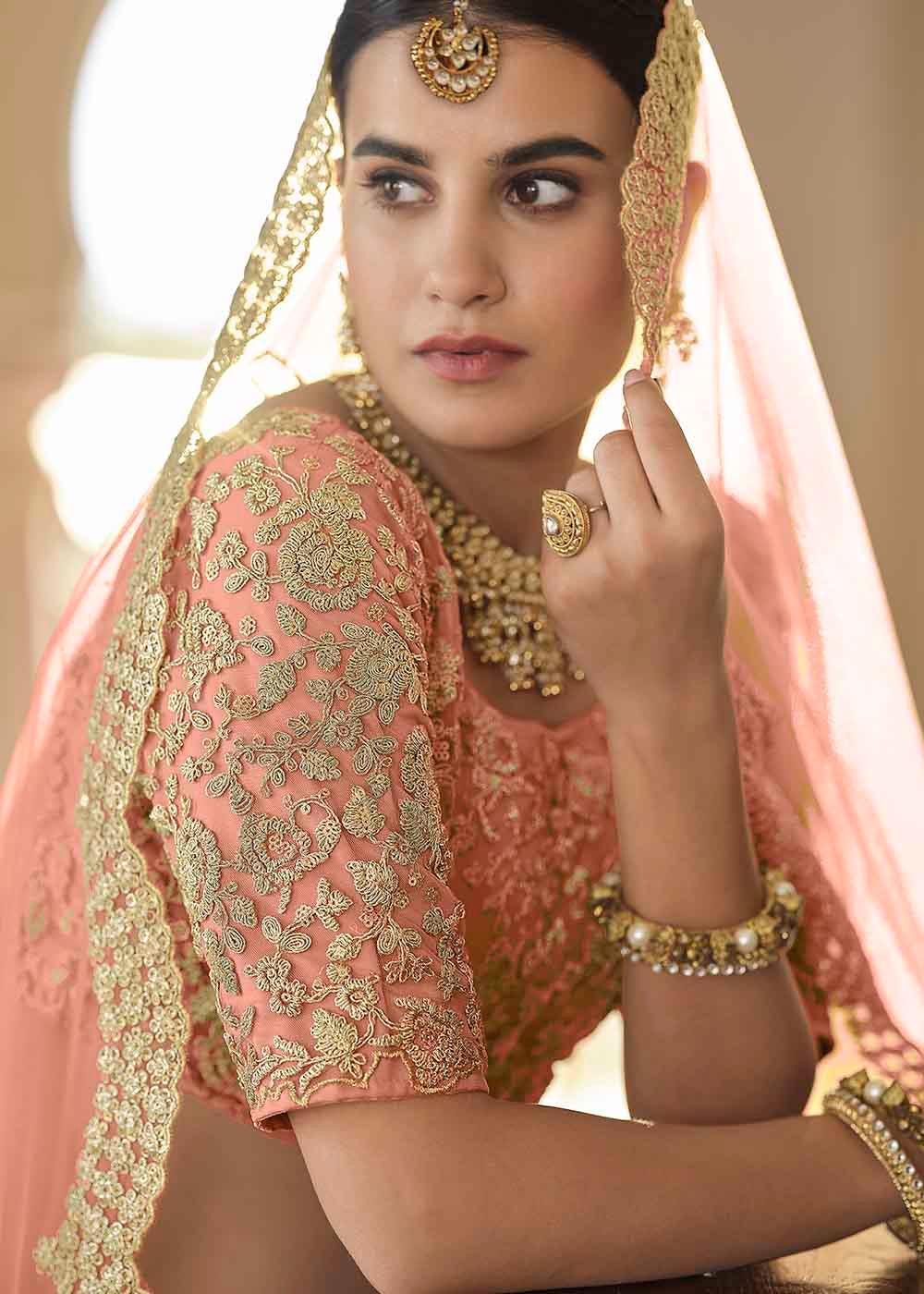 Peach Pink Soft Net Lehenga Choli with Dori & Sequins work - qivii