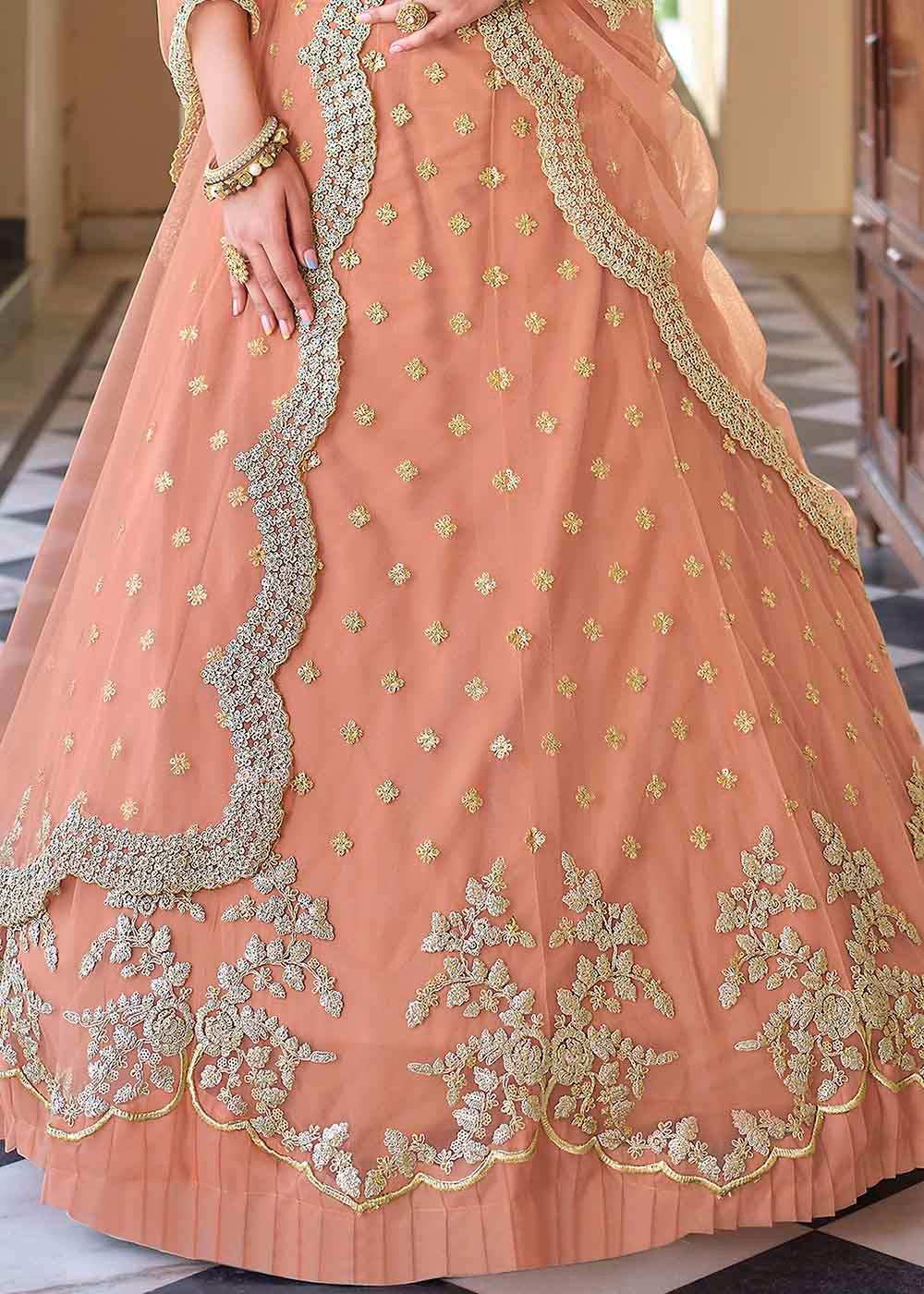 Peach Pink Soft Net Lehenga Choli with Dori & Sequins work - qivii