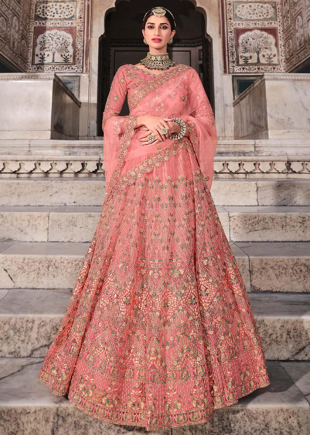 Peach Pink Soft Net Lehenga Choli with Zari & Thread Work - qivii