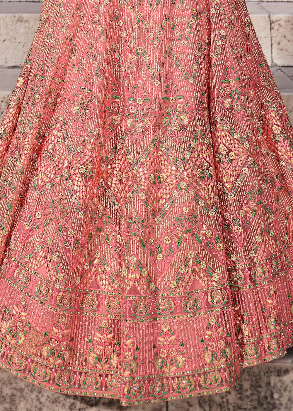 Peach Pink Soft Net Lehenga Choli with Zari & Thread Work - qivii