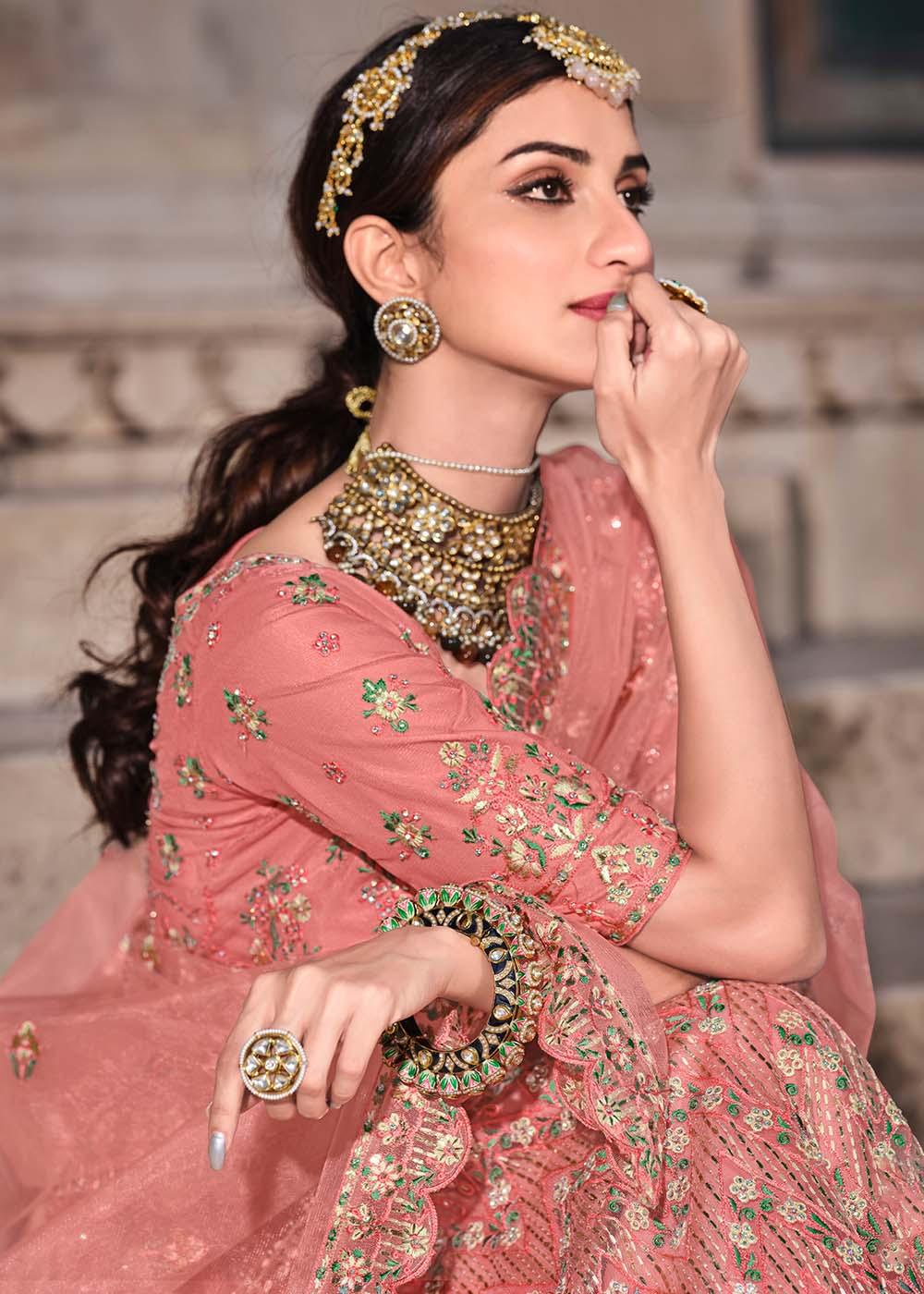 Peach Pink Soft Net Lehenga Choli with Zari & Thread Work - qivii