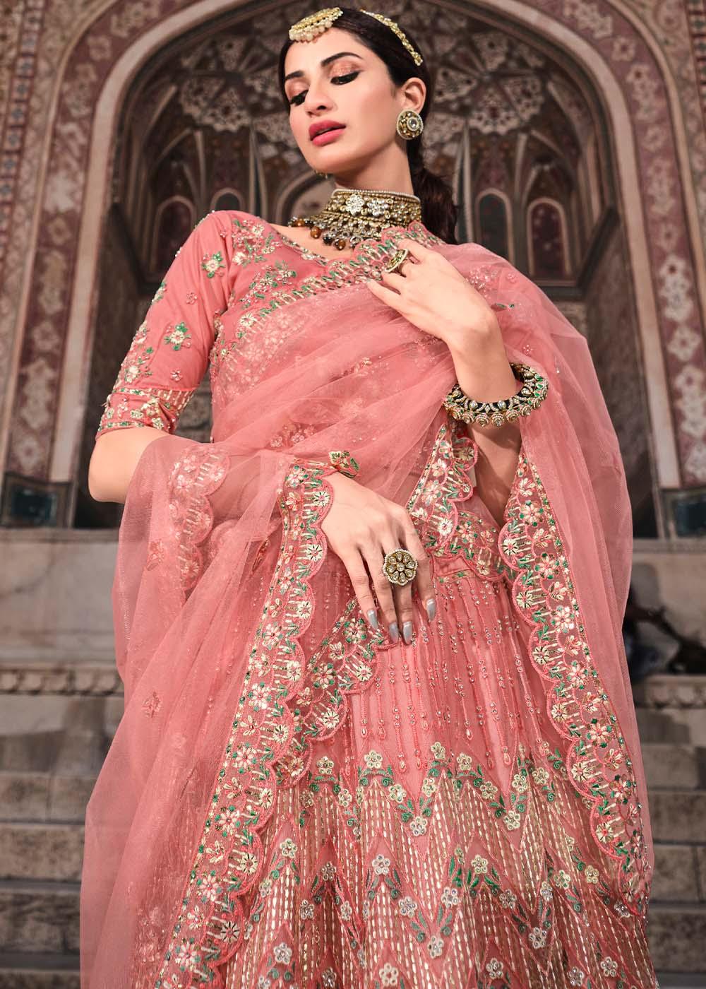 Peach Pink Soft Net Lehenga Choli with Zari & Thread Work - qivii