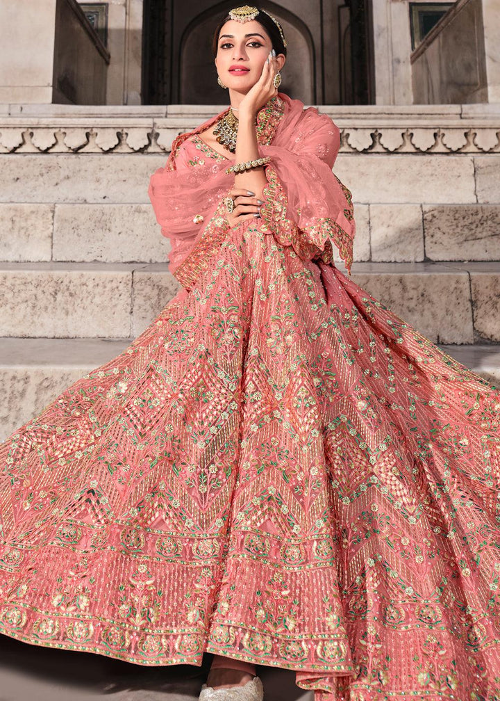 Peach Pink Soft Net Lehenga Choli with Zari & Thread Work - qivii