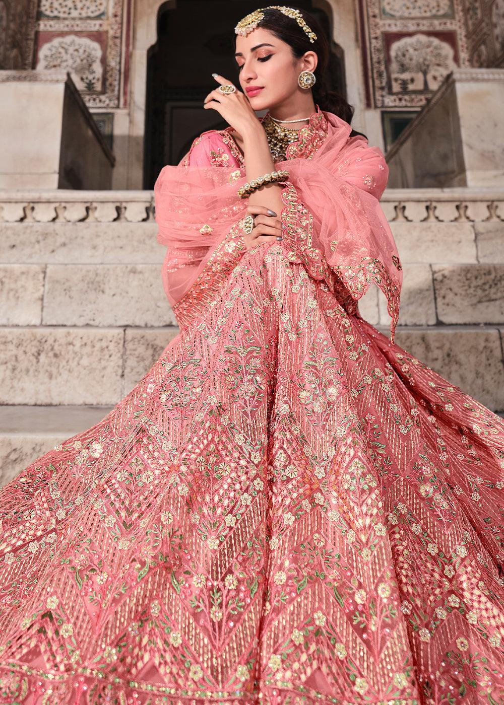 Peach Pink Soft Net Lehenga Choli with Zari & Thread Work - qivii