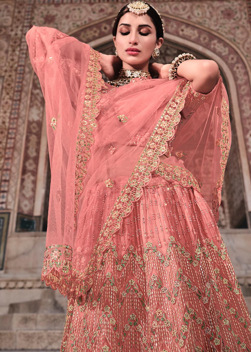 Peach Pink Soft Net Lehenga Choli with Zari & Thread Work - qivii