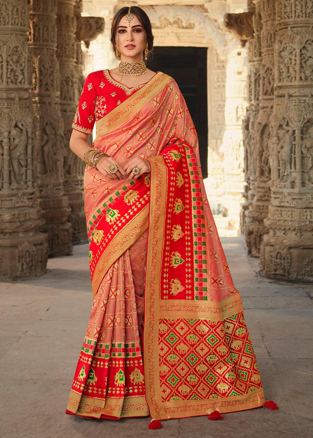 Peach Pink Woven Banarasi Silk Saree with Embroidered Blouse | Stitched Blouse - qivii