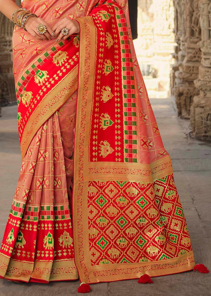 Peach Pink Woven Banarasi Silk Saree with Embroidered Blouse | Stitched Blouse - qivii