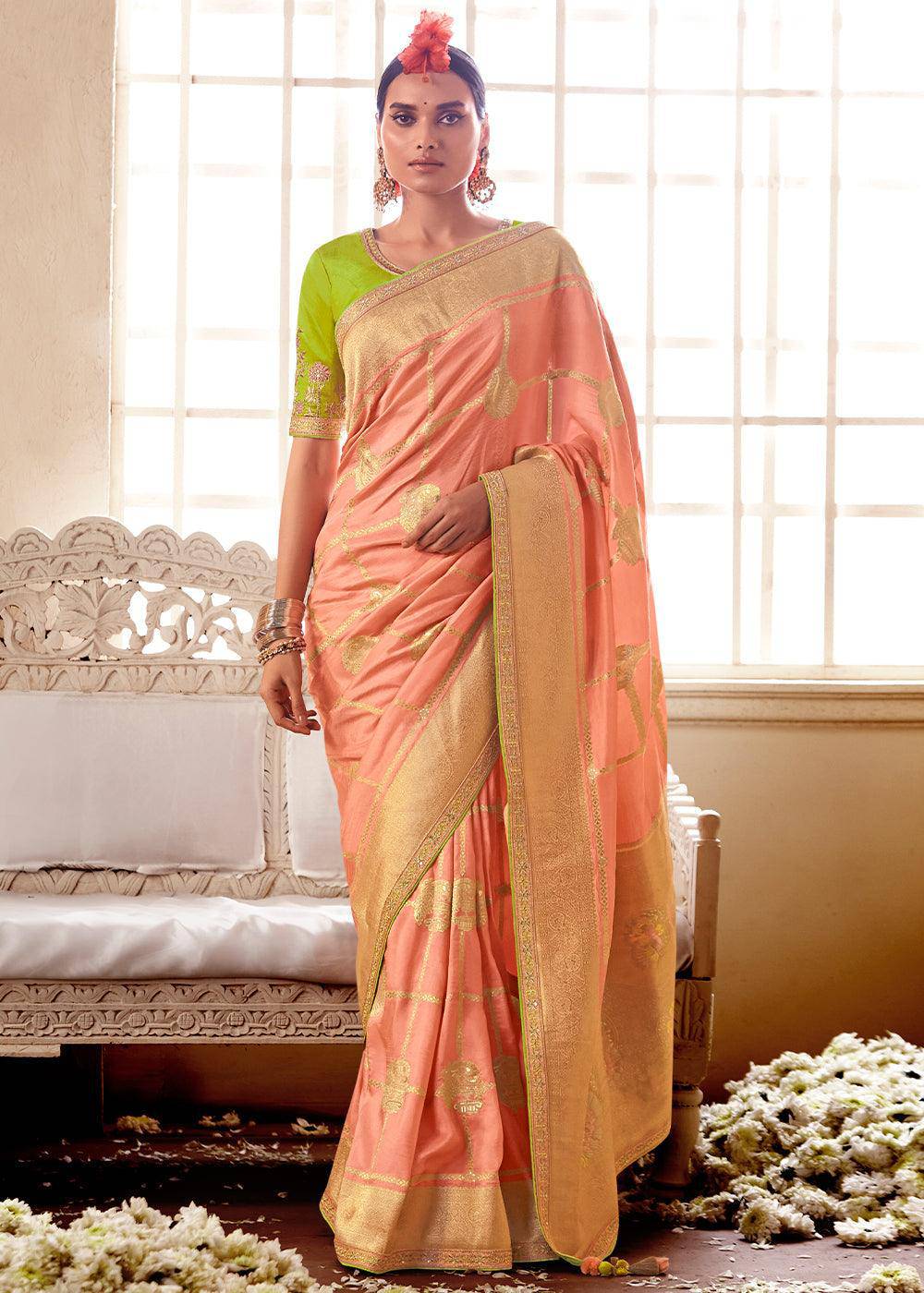 Peach Pink Woven Dola Silk Saree with Contrast Embroidered Border | Stitched Blouse - qivii