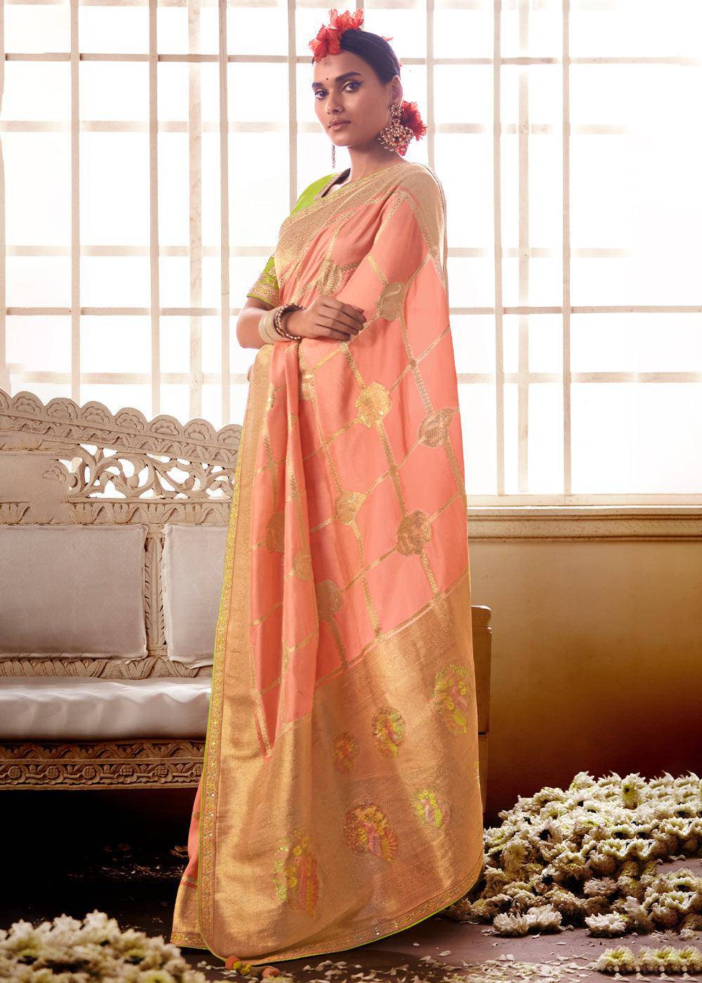 Peach Pink Woven Dola Silk Saree with Contrast Embroidered Border | Stitched Blouse - qivii