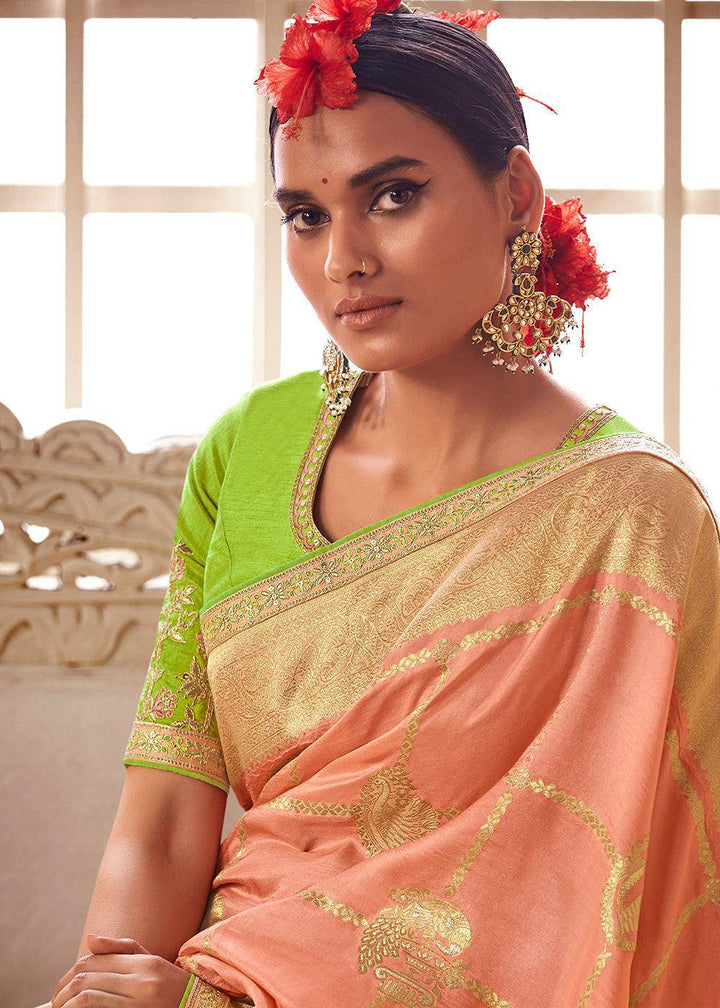 Peach Pink Woven Dola Silk Saree with Contrast Embroidered Border | Stitched Blouse - qivii