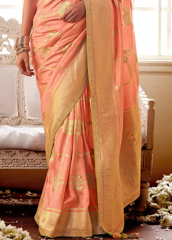 Peach Pink Woven Dola Silk Saree with Contrast Embroidered Border | Stitched Blouse - qivii