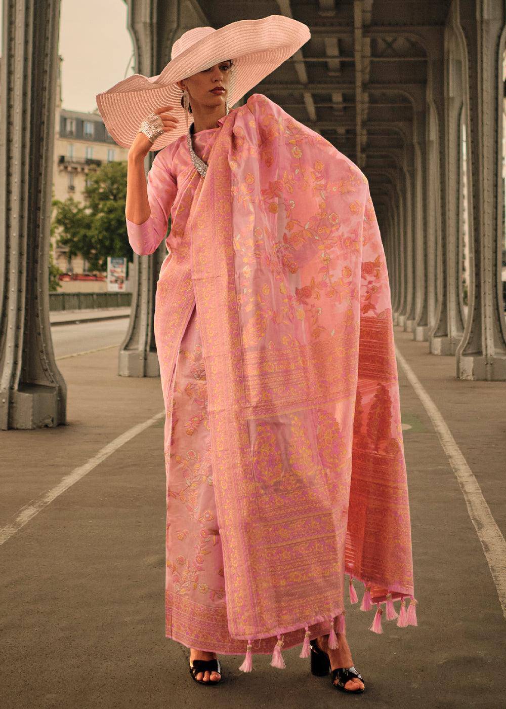 Peach Pink Woven Kashmiri Organza Silk Saree | Stitched Blouse - qivii