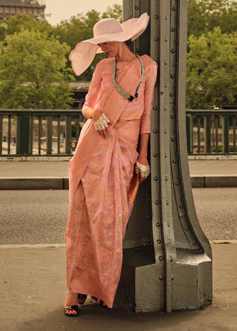 Peach Pink Woven Kashmiri Organza Silk Saree | Stitched Blouse - qivii