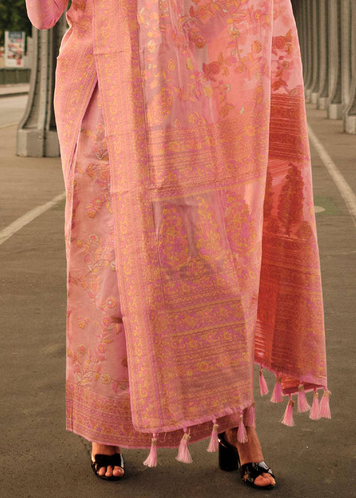 Peach Pink Woven Kashmiri Organza Silk Saree | Stitched Blouse - qivii